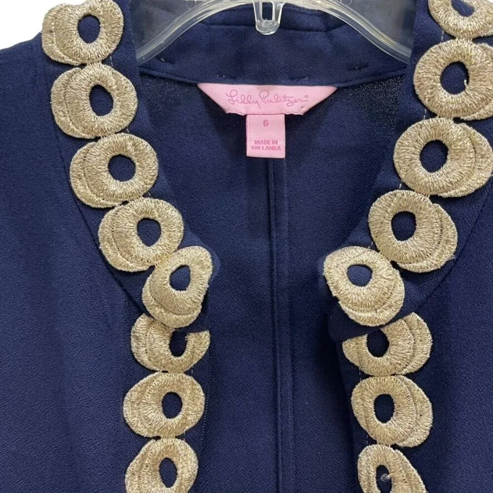 Lilly Pulitzer Navy Shift Dress Gold Embroidery Sleeveless Size 6 - Picture 4 of 6